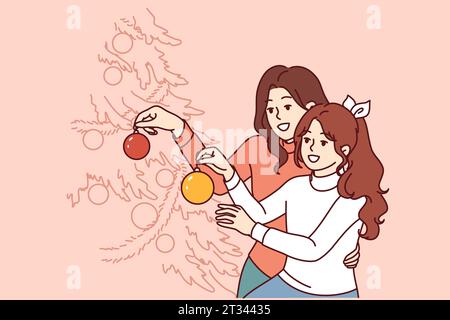 Maman et fille décorent l'arbre de noël, décorant les branches avec des boules cadeaux et des guirlandes. Famille heureuse se préparant pour les vacances de noël ensemble en utilisant les attributs lumineux du nouvel an. Illustration de Vecteur