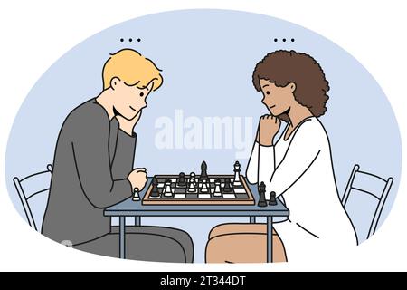 Un couple heureux s'assoit au bureau pour jouer ensemble aux échecs. Homme et femme engagés dans le jeu de plateau logique à la table. Loisirs et divertissement. Illustration vectorielle. Illustration de Vecteur