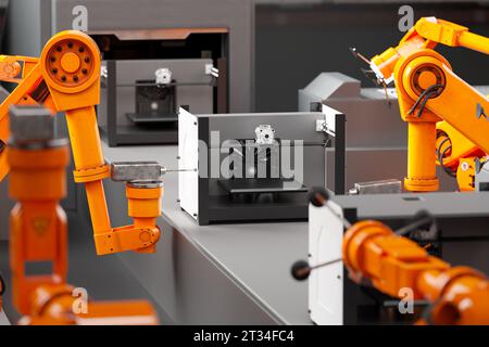 Robots high-tech assemblant une imprimante 3D de pointe dans une usine moderne. Les bras robotisés orange sont programmés pour prélever et placer des pièces des imprimantes. TEC Banque D'Images