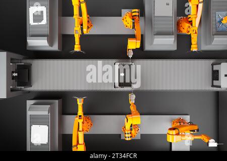 Robots high-tech assemblant une imprimante 3D de pointe dans une usine moderne. Les bras robotisés orange sont programmés pour prélever et placer des pièces des imprimantes. TEC Banque D'Images