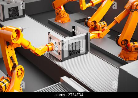 Robots high-tech assemblant une imprimante 3D de pointe dans une usine moderne. Les bras robotisés orange sont programmés pour prélever et placer des pièces des imprimantes. TEC Banque D'Images