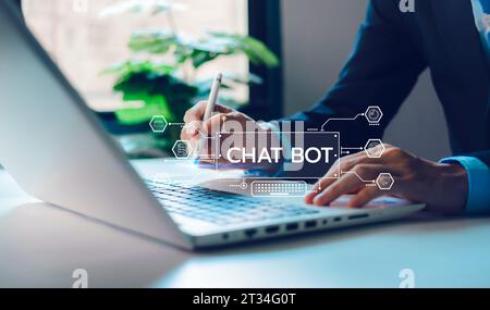 Ai Chatbot. Homme d'affaires utilisant l'ordinateur avec l'intelligence artificielle avec invite de commande pour générer. La technologie relie l'information marketing numérique, Banque D'Images