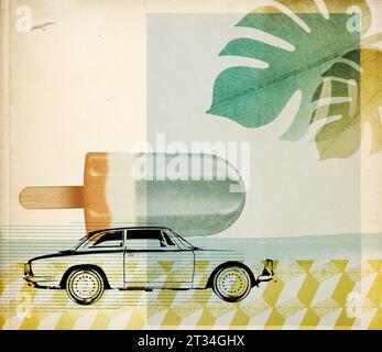 Collage de style rétro de vacances d'été avec voiture vintage, plage et popsicle Banque D'Images