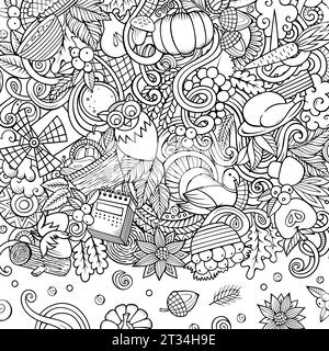 Vecteur de dessin animé doodles cadre Happy Thanksgiving Day. Dessin au trait, détaillé, avec beaucoup d'illustrations d'objets. Tous les objets sont séparés. Bordure drôle esquissée Illustration de Vecteur