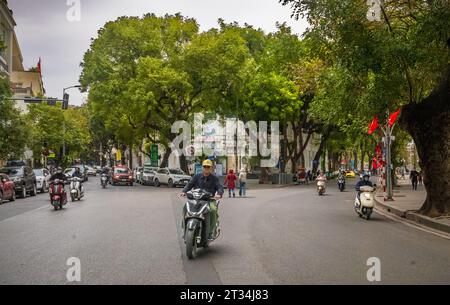 Un Vietnamien conduit sa moto le long de le Thai pour flâner par une journée d'hiver nuageuse dans le centre de Hanoi, Vietnam. Banque D'Images