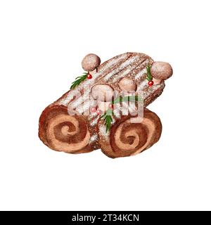 Illustration à l'aquarelle dessinée à la main du gâteau au chocolat bûche de yule avec des champignons de houx d'hiver. Dessert de Noël cuisson des aliments de boulangerie, menu de fête recette traditionnelle de rouleau décilious, pâtisserie de sucre de saison Banque D'Images