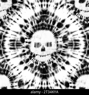 Cravate dye shibori crânes motif sans couture. Aquarelle peinte à la main crânes noir et blanc éléments arrière-plan. Texture abstraite aquarelle. Imprimer pour t Banque D'Images