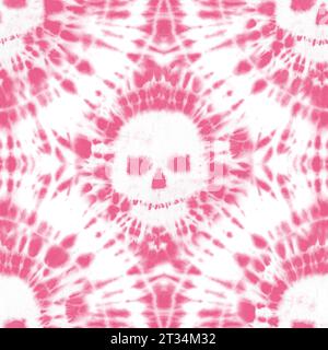 Cravate dye shibori crânes motif sans couture. Aquarelle peinte à la main crânes rose et blanc éléments de fond. Texture abstraite aquarelle. Imprimer pour te Banque D'Images