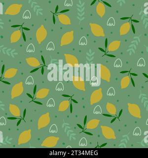 Modèle sans couture de vecteur avec des citrons, griboudes sur fond vert. Motif fruits Vibes rétro, fond de cuisine vintage. Illustration vectorielle Illustration de Vecteur