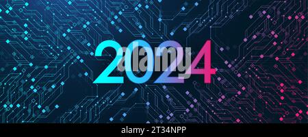Modèle cartes du nouvel an et joyeux Noël dans le style de la nouvelle technologie 2024. Noël 2024 année sur circuit imprimé. Chiffres 2024 po Illustration de Vecteur