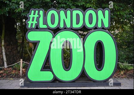 Londres, Royaume-Uni. 23 octobre 2023. Panneau Zoo de Londres au zoo de Londres, Outer Circle, Regent's Park, Londres, Royaume-Uni. Crédit : Voir Li/Picture Capital/Alamy Live News Banque D'Images