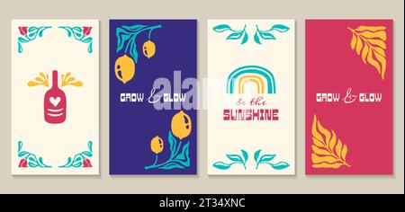 Affiches florales abstraites avec des fruits de citron et des feuilles dans le style minimal matisse. Fleurs et plantes bannières d'illustration vectorielle tendance, arts muraux Imprimés et cadres botaniques naïfs modernes. Illustration de Vecteur