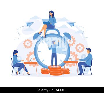 gestion du temps. contrôle. Homme d'affaires courir le long de l'équipement en forme d'horloge. Organisation du processus. illustration moderne vectorielle plate Illustration de Vecteur