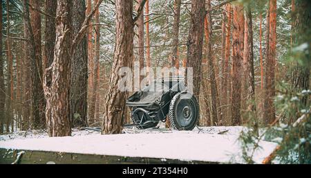 Chariot d'infanterie allemand abandonné ou chariot à main Infanteriekarren If8 de la Seconde Guerre mondiale sur Forest Ground. Munitions militaires allemandes. Forces armées de Banque D'Images