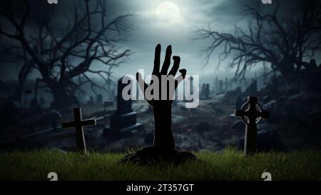 Main de ressuscité mort de la tombe dans le cimetière, croix de tombe d'Halloween, zombies la nuit. rendu 3d. Banque D'Images