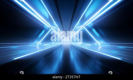 Tunnel de couloir du navire de la station spatiale, panneaux futuristes incandescents de couleur bleue, murs métalliques réflexion de la lumière. Étape podium long chemin. rendu 3d. Banque D'Images