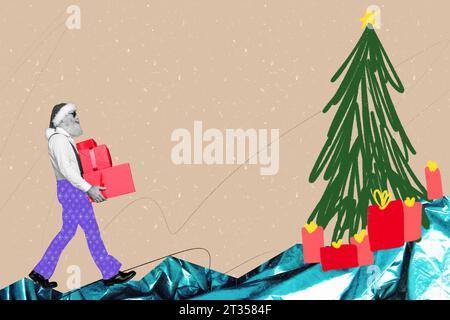 Illustration collage image de noir blanc effet cool santa Hold pile pile de noël Giftbox Walk arbre peint isolé sur fond beige Banque D'Images