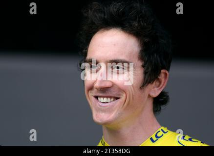 Photo de dossier datée du 9-08-2018 de Geraint Thomas qui a signé un nouveau contrat de deux ans avec Ineos Grenadiers que le vainqueur du Tour de France 2018 dit espérer être son dernier en tant que cycliste professionnel. Date de parution : lundi 23 octobre 2023. Banque D'Images