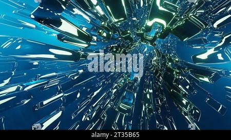 Tunnel de blocs lumineux en acier volant dans l'espace de lumière sombre bleue. Fond abstrait, image de rendu 3D. Banque D'Images