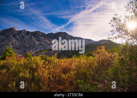 Paysage de Cézanne / vue de la montagne Sainte-victoire & route de campagne de Saint-Antonin sur Bayon près d'Aix-en-Provence - Provence - France Banque D'Images