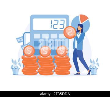 Calcul, comptabilité concept d'argent d'investissement, femme avec calculateur comptant, pensant au profit. Audit économique, vecteur plat moderne illustrat Illustration de Vecteur