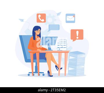 Stress au bureau, jeune femme fatiguée travaillant sur son ordinateur portable parmi des piles de papiers et de documents. illustration moderne vectorielle plate Illustration de Vecteur