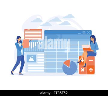 Rapport comptable de l'entreprise par des comptables, logiciel pour la comptabilité avec feuille, formule, calculatrices. illustration moderne vectorielle plate Illustration de Vecteur
