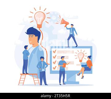 Travail d'équipe sur l'idée de réalisation. Les gens font la liste des idées créatives. Travail d'équipe avec Boss, illustration moderne vectorielle plate Illustration de Vecteur