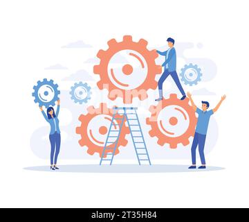 mécanisme de travail en équipe. Organisation d'affaires homme et femme avec engrenage de cercle, illustration moderne de vecteur plat Illustration de Vecteur