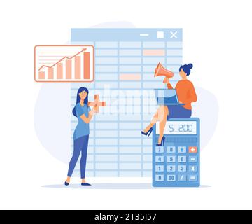 Rapport comptable de l'entreprise par des comptables, logiciel pour la comptabilité avec feuille, formule, calculatrices. facilitez le bilan avec le logiciel. vec plat Illustration de Vecteur