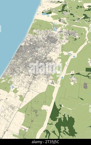 Carte de la bande de Gaza, côté nord, Israël, carte et frontières, reliefs et lacs. Rues et bâtiments. rendu 3d. Banque D'Images