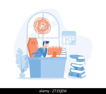 Stress au bureau, homme d'affaires surchargé de travail dur assis table bureau documents de pile, illustration moderne vectorielle plate Illustration de Vecteur