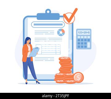 Calcul, comptabilité de l'argent d'investissement, femme avec la calculatrice comptant, pensant au profit. Audit économique, illustration moderne vectorielle plate Illustration de Vecteur