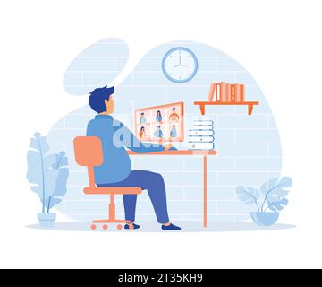 Travailleur utilisant l'ordinateur pour réunion virtuelle collective et vidéoconférence de groupe. illustration moderne vectorielle plate Illustration de Vecteur