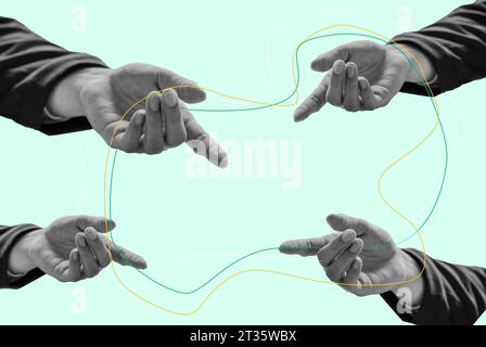 Collage d'art contemporain. quatre mains et corde relient quatre mains, travail d'équipe, collaboration. Concept de collaboration conceptuelle Banque D'Images