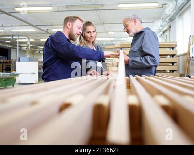 Charpentiers examinant la planche de bois et discutant en usine Banque D'Images