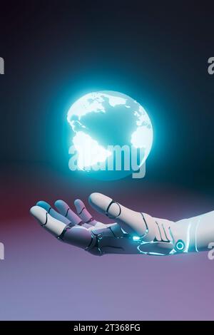 Rendu tridimensionnel d'une main robotisée tenant la planète Terre incandescente Banque D'Images
