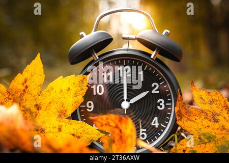 Gersthofen, Bavière, Allemagne. 23 octobre 2023. Changement d'heure de l'heure d'été à l'heure d'hiver, Un réveil noir au milieu de l'automne laisse avec l'heure 2 heures *** Zeitumstellung von Sommerzeit auf Winterzeit, Ein Schwarzer Wecker inmitten von Herbstlaub mit der Uhrzeit 2 Uhr crédit : Imago/Alamy Live News Banque D'Images