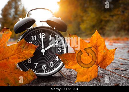 Gersthofen, Bavière, Allemagne. 23 octobre 2023. Réveil noir à côté de la feuille d'érable avec flèche symbolisant le changement d'heure en automne à l'heure d'hiver PHOTOMONTAGE *** Schwarzer Wecker neben Ahornblatt mit Pfeil als Symbol für Zeitumstellung im Herbst auf Winterzeit FOTOMONTAGE crédit : Imago/Alamy Live News Banque D'Images