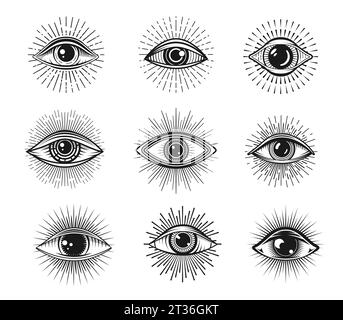 Tatouage Mason, yeux illuminati providence. Symboles occultes ésotériques. Oeil de sorcière mystique ou ésotérique, charme de chance, symbole de vision spirituelle et mystique ou sorcellerie, providence magique, signes de vecteur de fortune Illustration de Vecteur
