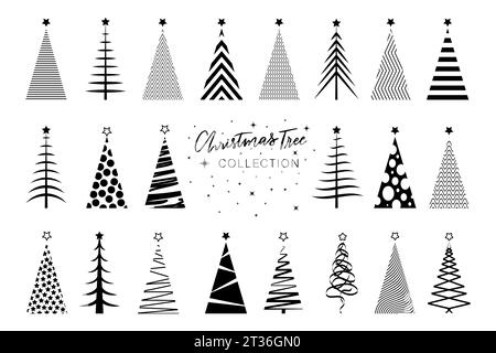 Définir l'arbre de Noël clipart dans les icônes de silhouette noire, vecteur stylisé Joyeux Noël, invitations festives de vacances d'hiver à thème avec symbole géométrique Illustration de Vecteur