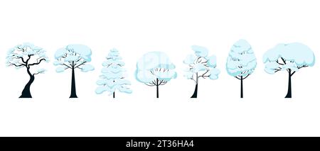 Silhouettes d'arbres d'hiver enneigés de diverses espèces. Illustration vectorielle d'objets isolés placés horizontalement Illustration de Vecteur