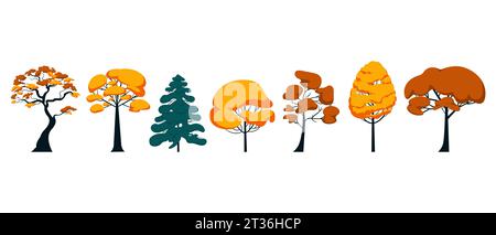 Ensemble de différents arbres d'automne pin et arrangement horizontal caduque. Illustration vectorielle de feuilles jaunes de parc et d'objets de la nature isolés sur Illustration de Vecteur