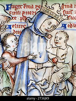 Emma de Normandie avec ses deux jeunes fils fuyant avant l'invasion de Sweyn Forkbeard (1013). Emma de Normandie (c. 984-1052) était une noble normande qui est devenue reine anglaise, danoise et norvégienne par ses mariages avec le roi anglo-saxon Æthelred le mal-prêt et le roi danois Cnut le Grand. Banque D'Images