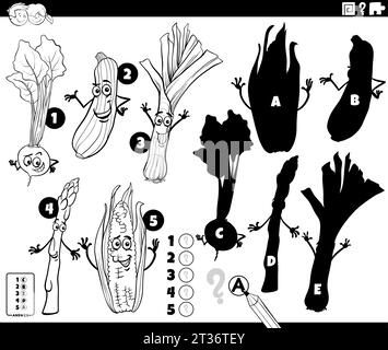 Illustration de dessin animé noir et blanc de trouver les bonnes ombres au jeu éducatif d'images avec la page de coloriage de personnages végétaux comiques Illustration de Vecteur
