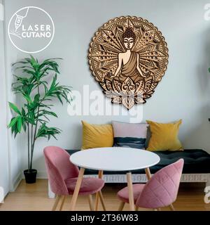 Un design d'art mural de mandala de Bouddha en couches est une pièce décorative frappante et spirituellement significative avec la beauté complexe d'un mandala. Illustration de Vecteur