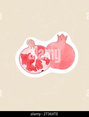 Sticker Cartoon juteux de grenade mûre dans un style comique avec contour. Décoration pour cartes de voeux, affiches et impressions pour vêtements, dépliants, emblèmes. Banque D'Images