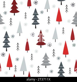 Motif sans couture de Noël avec des arbres et des flocons de neige. Modèle d'hiver sur fond blanc. Illustration vectorielle. Illustration de Vecteur