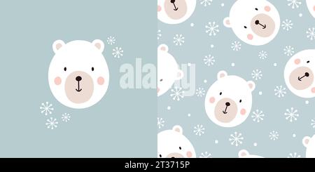 Jolie carte d'ours polaire et motif sans couture. Fond d'enfants avec ours et flocons de neige. Jeu d'illustrations vectorielles. Illustration de Vecteur