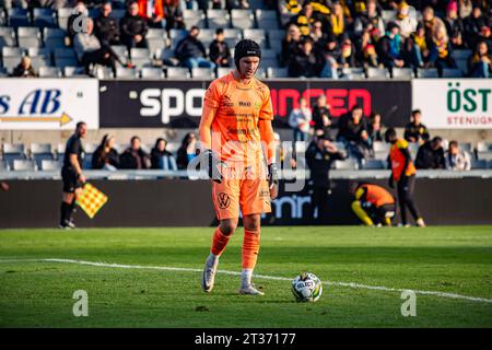 Halmstad, Suède. 22 octobre 2023. Le gardien Noel Tornqvist (1) de Mjaellby vu lors du match Allsvenskan entre Halmstads BK et Mjaellby à Oerjans Vall à Halmstad. (Crédit photo : Gonzales photo - Amanda Persson). Banque D'Images